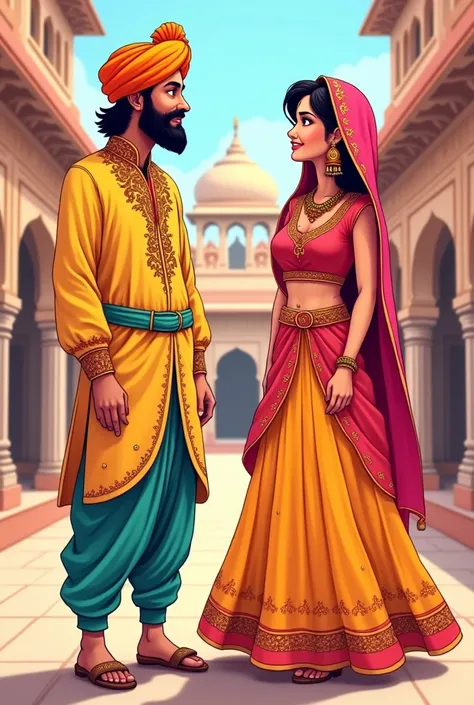 cartoon of rajasthani traditional dress for male and female in full length