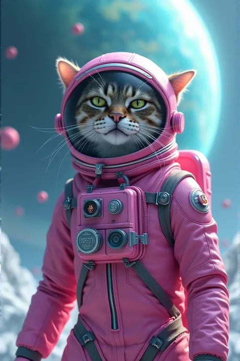 Generate an image of a cat in pink space suit on the planet called uranus with angry face.