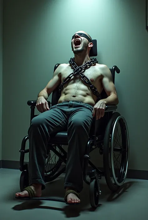 Man in a very bright room in a wheelchair half lying backwards image half on his side screaming with his mouth wide open with his eyes blindfolded tied with a thick chain on his chest so that it covers his entire chest and dressed in light yellow and a thi...