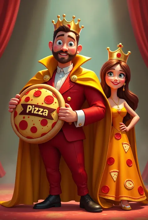 The prince of pizza and his yellow cape and red suit, friendly and clean shaven and with very big eyes and holding his shield with his pizza banner with the word (in), accompanied by his princess in her red and yellow pizza dress holding her throne