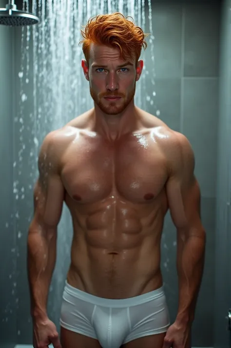 A portrait of a red-haired, blue-eyed man wearing white boxer shorts and taking a shower