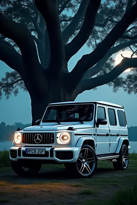 White G wagon standing under a tree at night with turning on its DRL lights