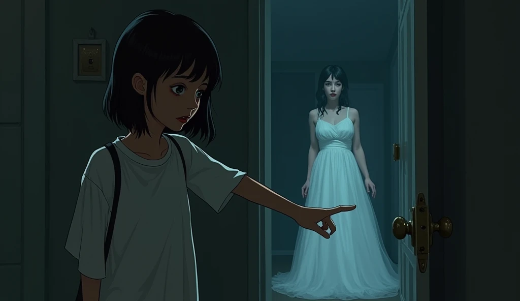 Dinda pointed towards the locked bedroom door with an innocent expression., while the faint shadow of a woman in a creepy white dress appeared in the corner of Lia&#39;s eyes. Creepy atmospheric background