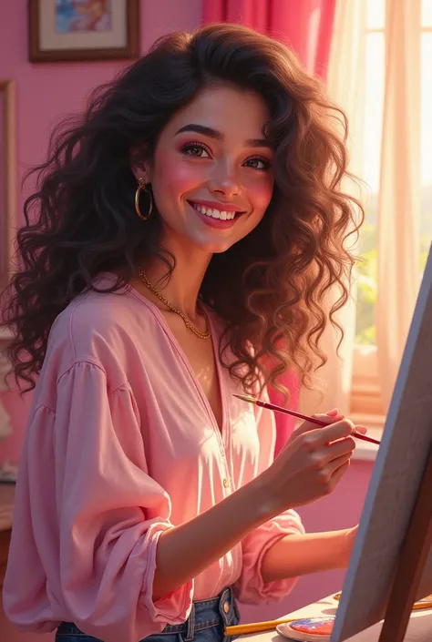 Image of a single  of  With curly hair and always smiling. Painting with a pink room background . That it looks much more like a girl&#39;s body and that she is painting and it is clearer so that the image is more realistic 