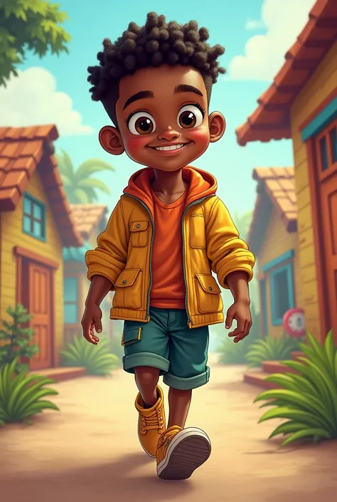 A boy named Macario who is of African descent walking (comic style)