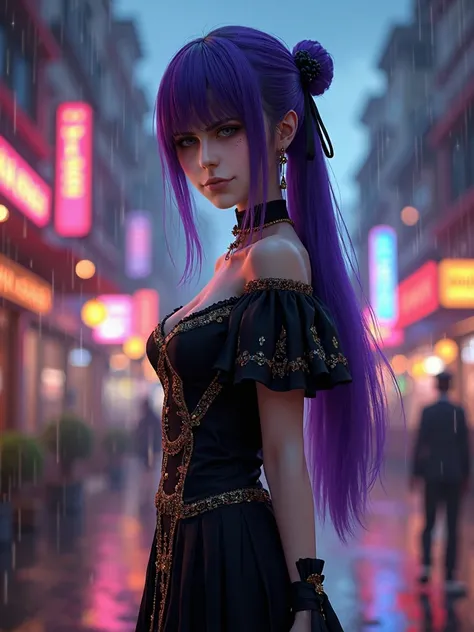 (at night), alone, in a video game scene, a background of a beautiful city during the day raining, standing at attention, purple hair with bangs covering his eyes completely, he wears a beautiful black Mexican mariachi costume with gold details and dress l...