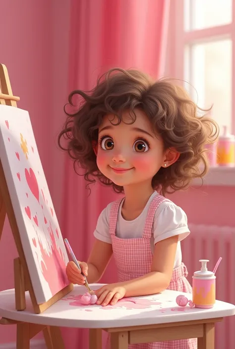 Image of a single  of  With curly hair and always smiling. Painting with a pink room background . That it looks much more childish with a girl&#39;s body and that she is painting and that the image is lighter, that it is more realistic but with the face an...