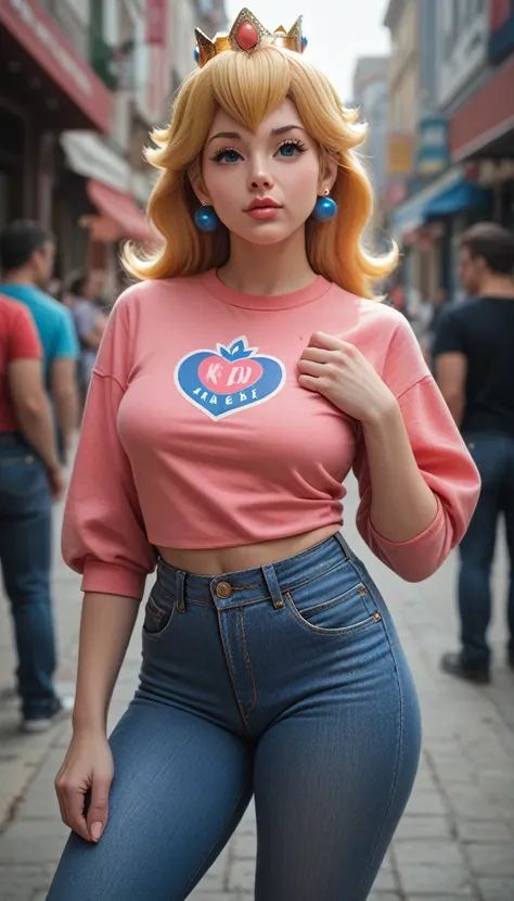 Princess Peach, tight jeans, detailed face, pretty, (masterpiece:1.4,high resolution:1.4,high quality:1.4, 4k)