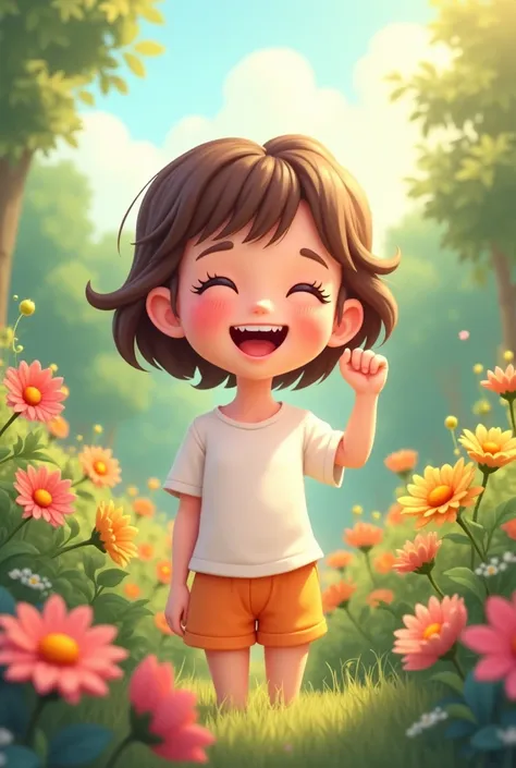 Create a cartoon girl with white skin and short light brown hair, eyes and long eyelashes, with a white t-shirt and orange panties, laughing in a garden with flowers
