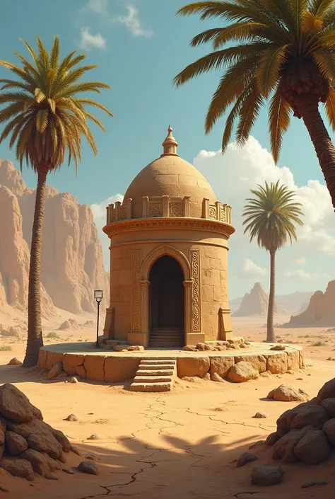 An ancient well in the desert with palm trees
