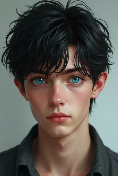 A young man with black hair and blue eyes 