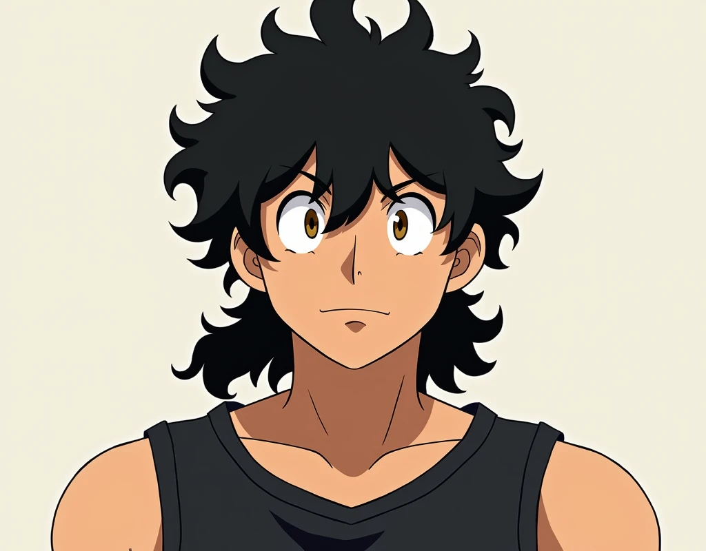 (Icon), ((8K)), (Artwork), (anime style), 1 man, black curly mullet hair, down-turned eyes, brown pupil color, short potato nose, wearing black sleeveless shirt.