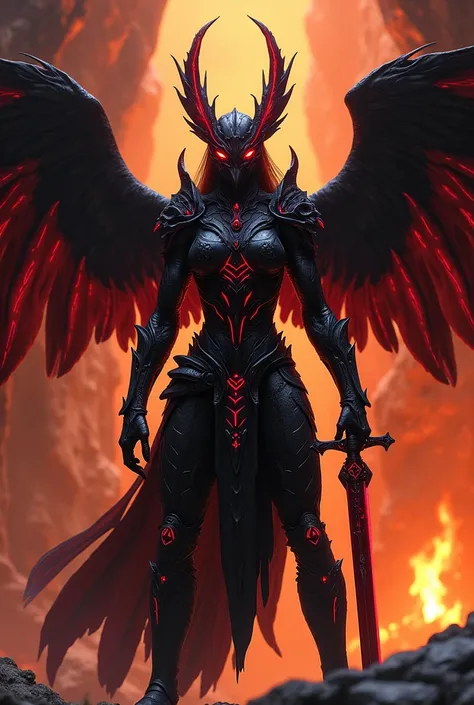 Black and neon red trimmed harpy warrior wielding an obsidian sword in a flame lit cavern.