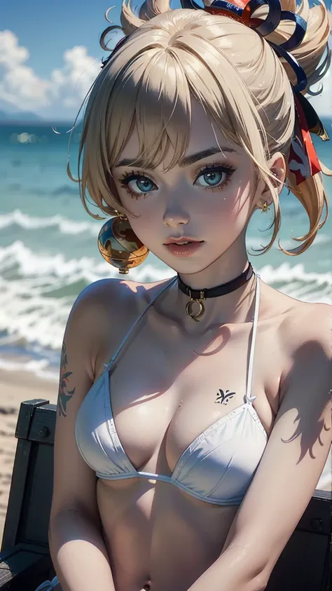 (masterpiece, top quality, Best Quality, official art, beautiful and aesthetic:1.2), (beautiful face), extremely detailed,striking,more detailed, (playa), bright Eyes, medium chest, (White micro bikini:1.2),  ((yoimiya def)) 