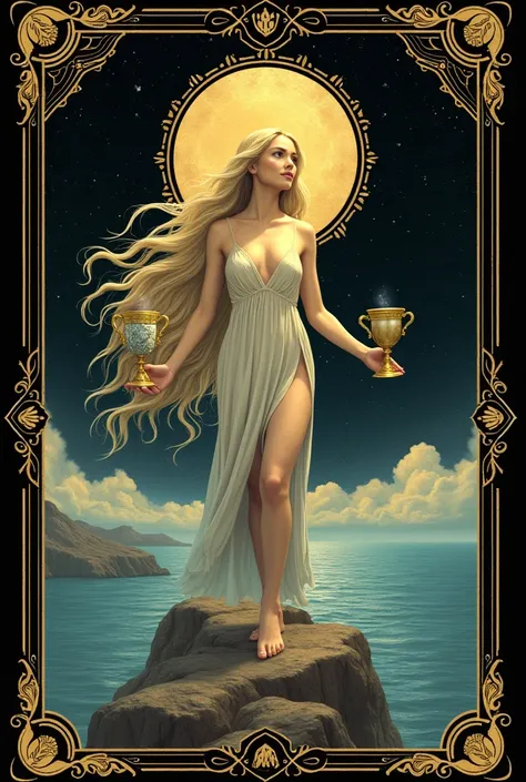 carta de tarot the star, the star, charming half naked woman, blond long hair, on a mountain in the sea taking water with two cups in hand, letter with black and gold color