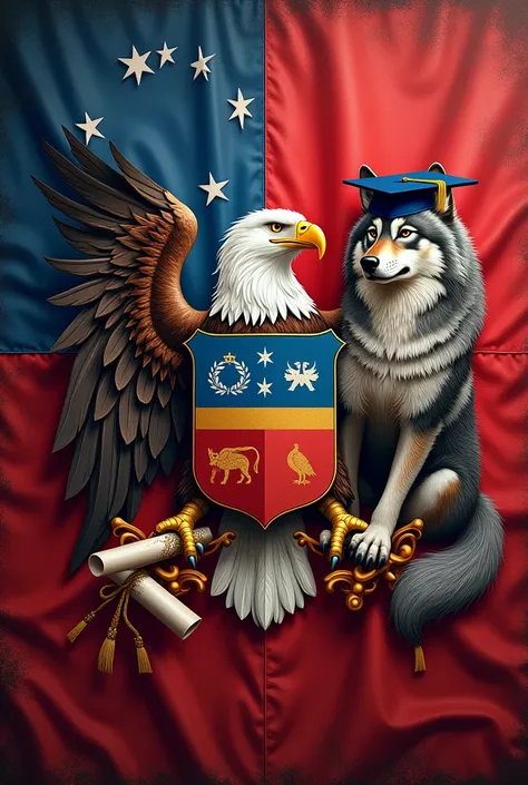 Flag that has a shield with an eagle and a wolf with a hat and a university diploma