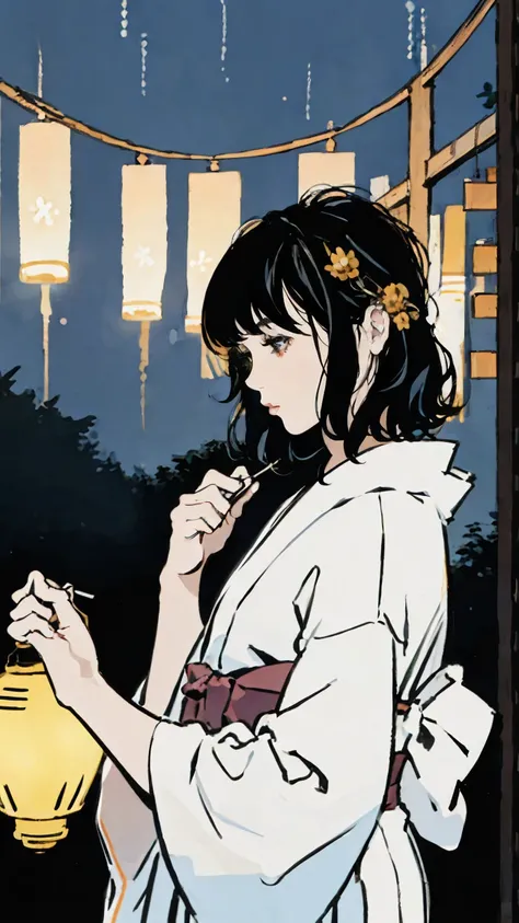 A fair-skinned girl in a traditional Japanese yukata, her Bblack hair in a perfil view, standing in a sanctuary at natta, surrounded by the warm glow of lanterns and the vibrant colors of fireworks exploding in the sky above Mount Fuji.

(best qualityer,4K...