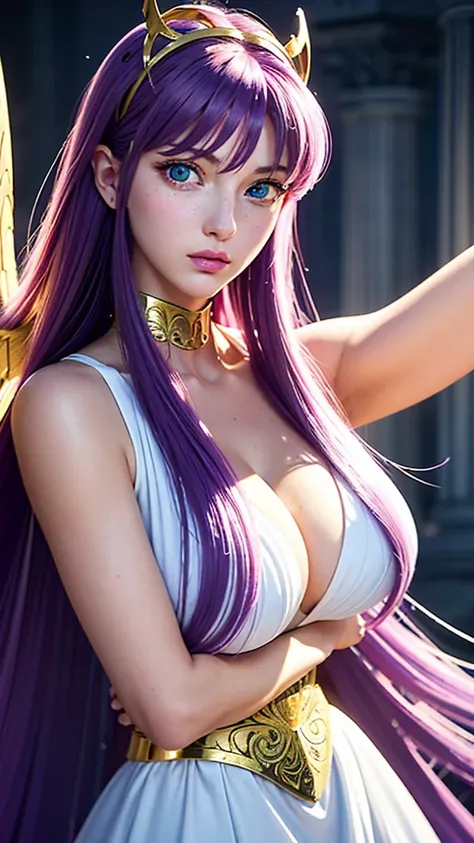 Big breasts, 1girl, realistic 1.5, ((Saori Kido-Athena)) with full breasts, Her hair light violet or purple in the anime, and her eyes are green. Her hair is quite long and abundant, She has a slim and curvy body, a delicate face and pink lips, long white ...