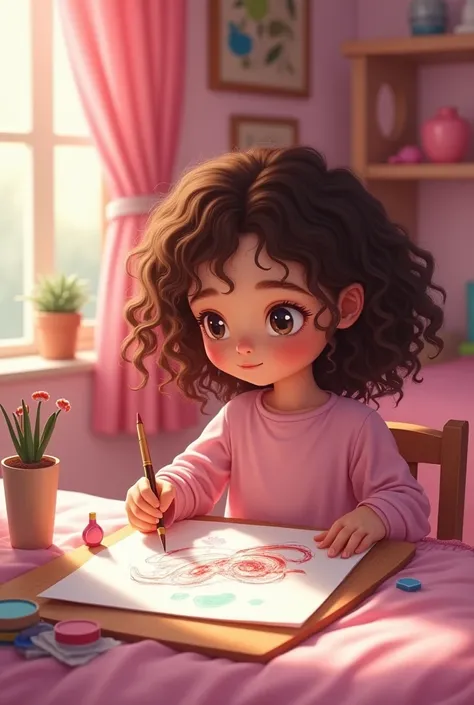 A  with curly brown hair painting a drawing and in the background her pink room so that the girl&#39;s face can be seen  