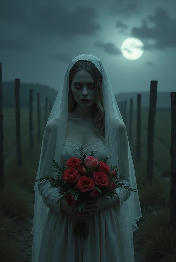 A consumptive woman with a veil dressed for a wedding at night in the middle of the countryside, full moon bouquet of red flowers, sadness on his face, gloomy weather 