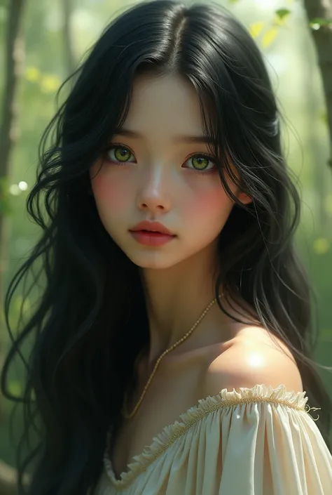 A young girl with black hair and green eyes s 