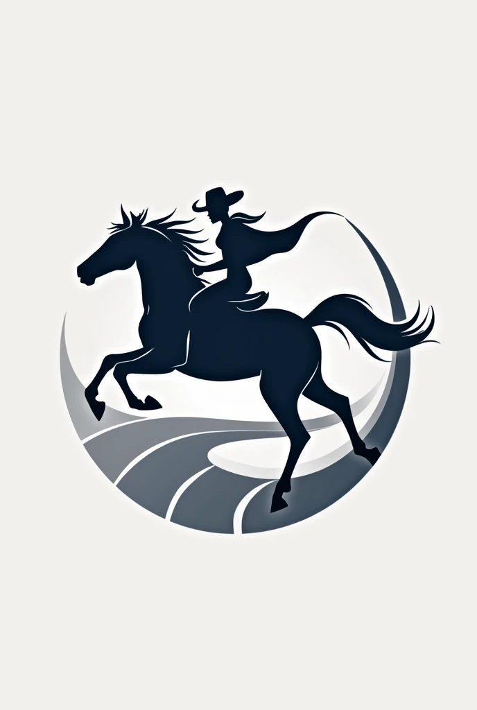 "Design a sleek and modern equestrian logo that features a stylized, abstract horse and rider in motion. Incorporate elements like a horseshoe or flowing lines to symbolize versatility and agility. Ensure the design is adaptable for various disciplines inc...