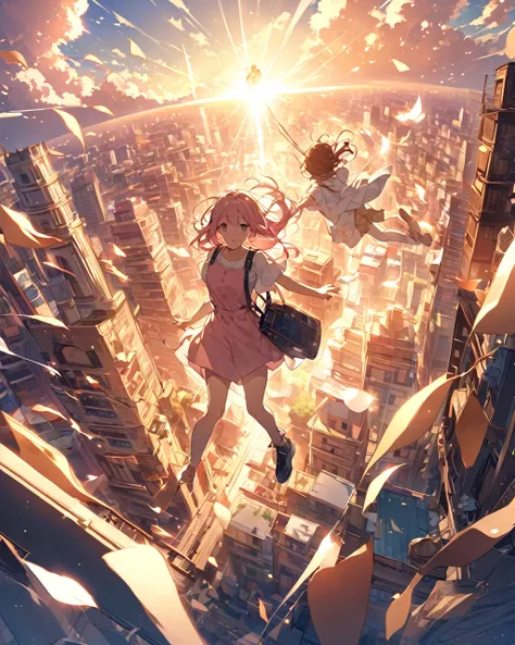 "A scene depicting two characters floating or falling in mid-air, holding hands as they descend. The characters are a young man and a young woman, both wearing casual summer clothing. The cityscape below them is bathed in warm sunlight with rays of light s...