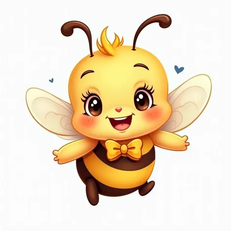 little baby bee flying and happy, chubby and with big bright eyes, cartoon style without being realistic, with marked edges for trimming and a cute bow at the neck