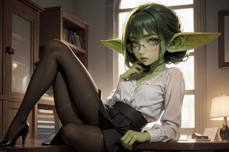 ((best quality)), ((masterpiece)), (detailed), perfect face, ((green skin)), small pointy ears, very shy, tiny breasts, short dark hair, green goblin girl wearing white blouse and black skirt, (wearing black pantyhose), wearing black pumps, sitting in offi...