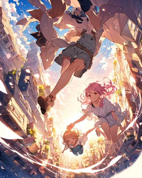 "A scene depicting two characters floating or falling in mid-air, holding hands as they descend. The characters are a young man and a young woman, both wearing casual summer clothing. The cityscape below them is bathed in warm sunlight with rays of light s...