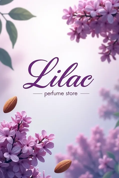 lilac perfume store logo , aesthetics , beautiful inscriptions , brand , flowers , almonds , eucalyptus , realistic 