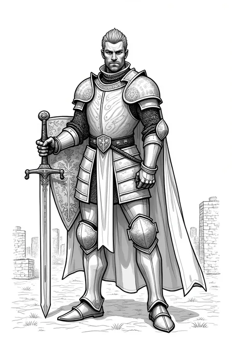 black and white line art drawing of a medieval knight with a sword and shield