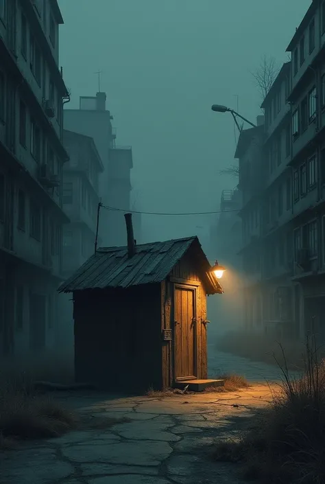 A simple and rickety wooden hut creates no children in the middle of the city where adults no longer exist, the city is then dark except for the hut. The cabin is broken and tinkered 