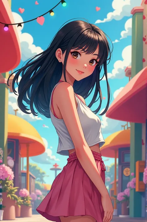 Make an anime style image of a young black-haired girl, egocentric and consumerist in a happy environment and where she found herself  