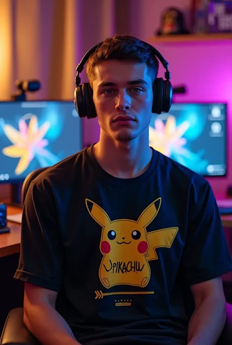 A male streaming, black jersey, write the name Pikachu on the shirt,A gamer room