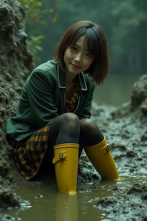 ((Highest quality)),  ((masterpiece)), Dark dirty garbage filled pitch black green sludge quagmire at waste dump、Cute Japanese woman with short hair、Suzu Hirose、boyish、Light brown hair、Thick body type、Beautiful breasts、Thicker legs、Buried in the mud in yel...