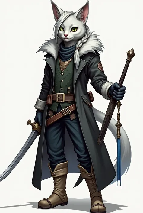 Create an anthropomorphic character resembling a feline humanoid with light gray fur, sharp green eyes, and silver hair tied back in a braid. The character is dressed in dark, stylish adventurers clothing with a long, fur-trimmed black coat over a buttoned...