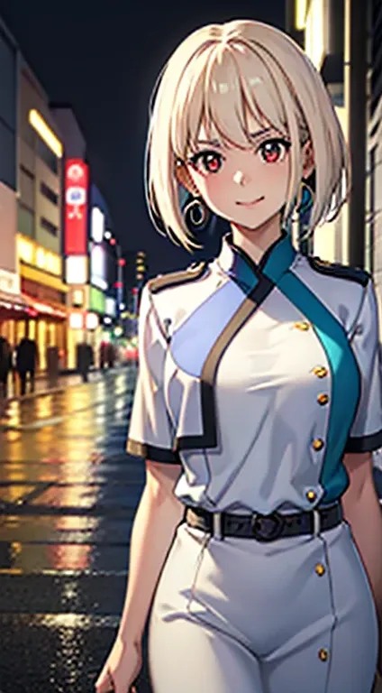 anime women, black and white outfit with aqua blue details, light blue hair, (golden dragon eye) standing in the rain, night str...