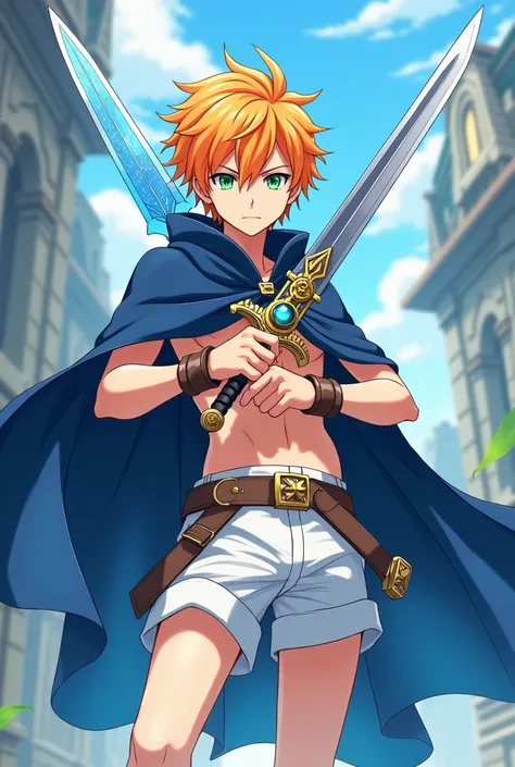 Générateur a young man in a animé isekai style équipe with twin swords one blue magical in the second Steel and Steam punk silver color.
With orange blonde hair, green eyes , white short and a dark  blue cape.
Hes 1 with loger hair.
He have two swords 