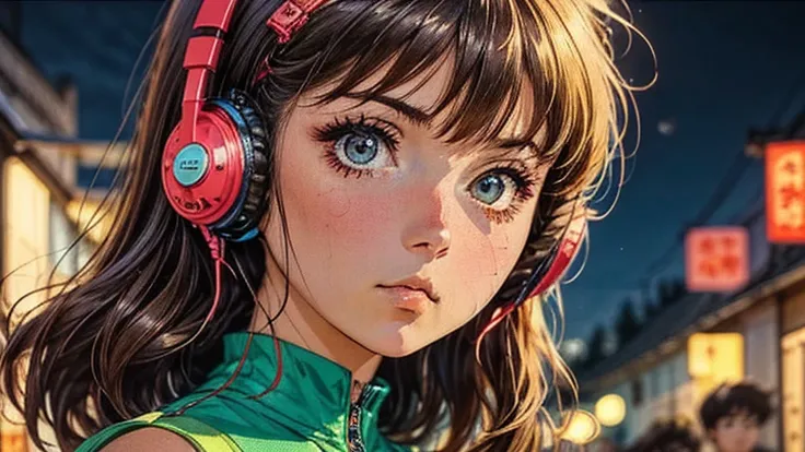 1 girl, 80s anime style girl, wear headphones, retro, lo-fi, with cassette tape, outside, outside, at night, night, night view, ...