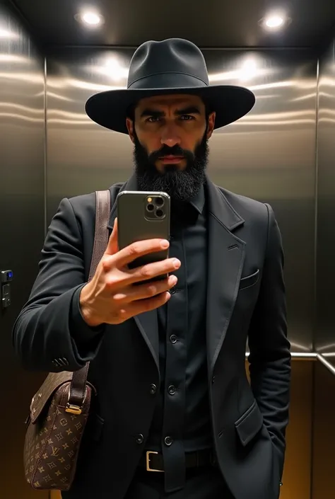 a man, the 1,80 tall. He is half Lebanese half German. Has black friends hair and a 3 day beard. He stands in the elevator and takes a mirror photo of himself. He looks a bit arrogant. He wears a Romeo and a shoulder bag from Louis Vuiton 