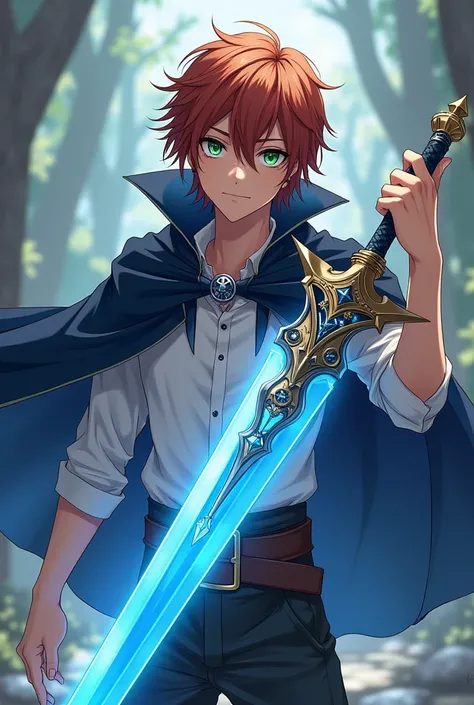 Générateur a young man in a animé isekai style équipe with twos swords one blue magical in the second Steel and Steam punk silver color,
Chesenout color hair, slightly long and loose , green eyes , white shirt and a dark  black blue cape.
Hes 1 with loger ...