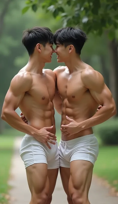 photorealistic, best quality, masterpiece, extremely detailed, sexy, homoerotic, extremely handsome, youthful, 2 muscular korean man, kiss and cuddle each other, fair skin, ((muscular bodybuilder)), ((massive thighs)), tight and sheer white booty shorts, r...