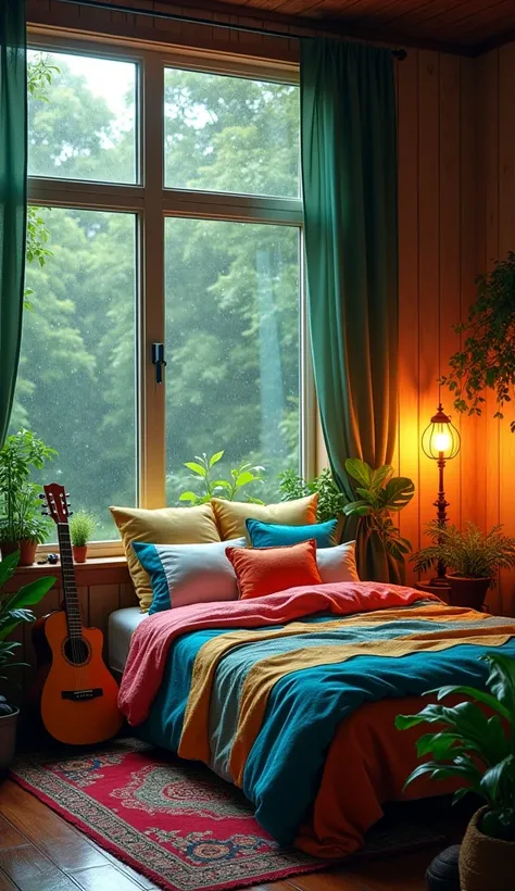 A cozy bedroom interior during a rainy day, with a large window showing raindrops on the glass and lush green trees outside. The room has a wooden floor, a colorful patterned rug, and a bed covered with vibrant, multicolored pillows and blankets, mainly bl...