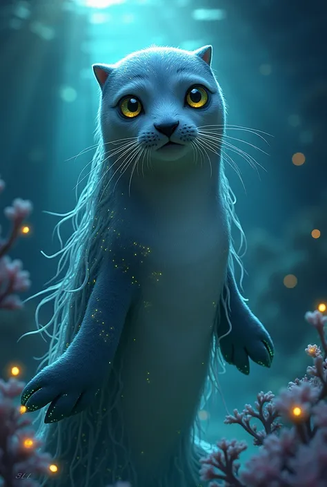 Fantasy theme digital artwork of an elegant bioluminescent Selkie, half-human and half-seal. Her soft grey fur is speckled with glowing blue and green dots, and her human torso is wrapped in a bioluminescent seaweed cloak. Her large, glowing seal eyes watc...