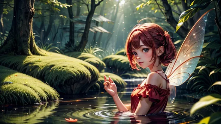 Little fairy with red clothes and transparent wings, great quality, Detailed face, in pond, In a magical forest, among fireflies