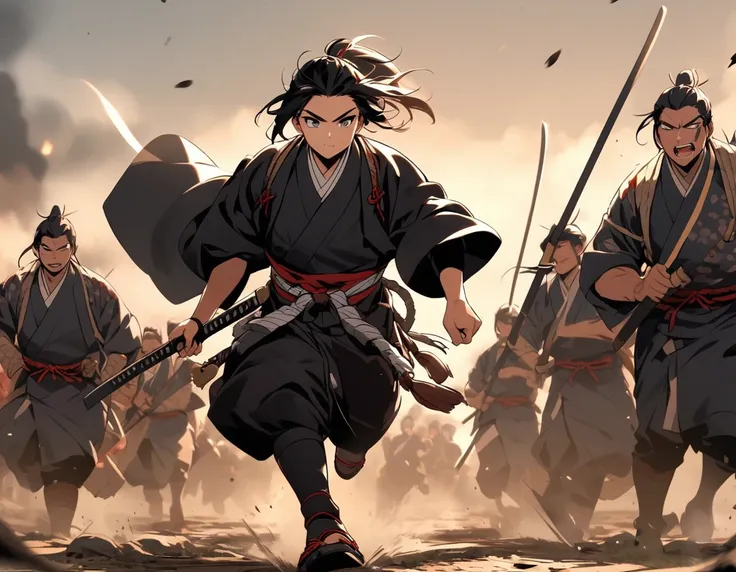 a young samurai running through the battlefield