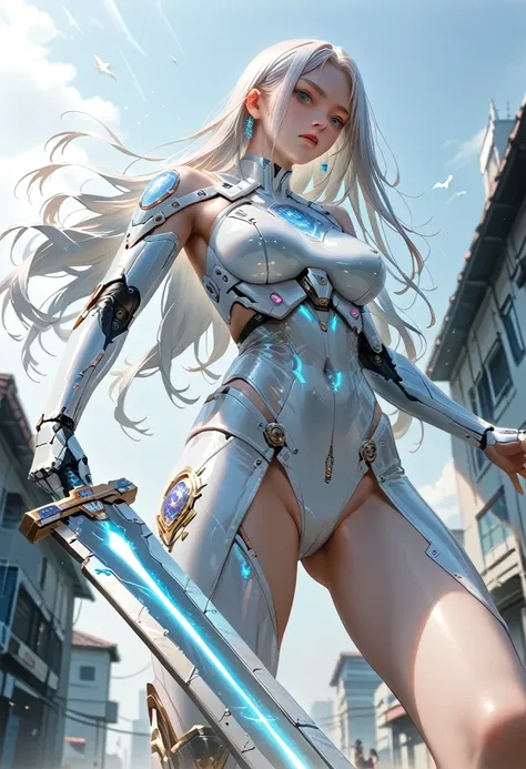 divine korean girl, very long white hair, looking down from a rooftop, futuristic, scifi bodysuit, glossy, delicate frame, angelic appearance, legs, armor, cyborg, deus ex human revolution, perfect body, silver and blue glow, low angle, holding a blue glow...