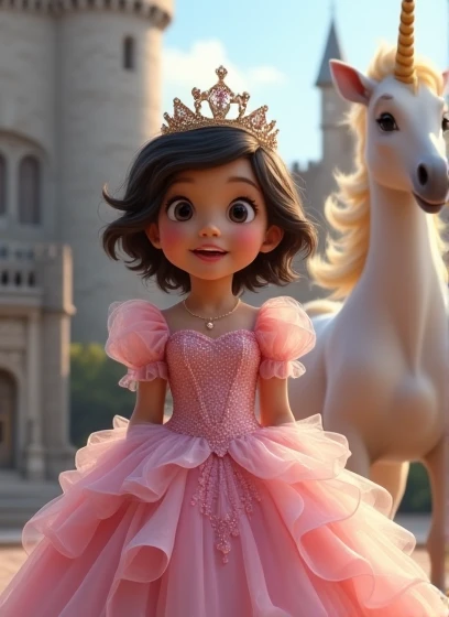 girl, 2 years, short dark wavy hair, There&#39;s a crown on my head, long pink princess dress with ruffles and frills, in the background there is an ancient castle and a unicorn