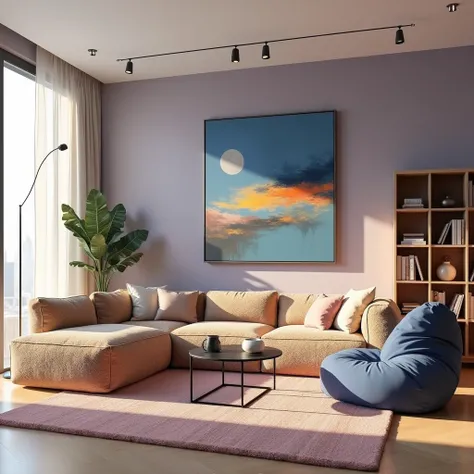 a cozy modern living room, large sectional sofa in warm fuzzy tones, sleek black glass coffee table, artistic bookshelf, light purple walls, large abstract painting in vibrant blues and oranges, floor-to-ceiling windows, sheer white curtains, soft fluffy p...